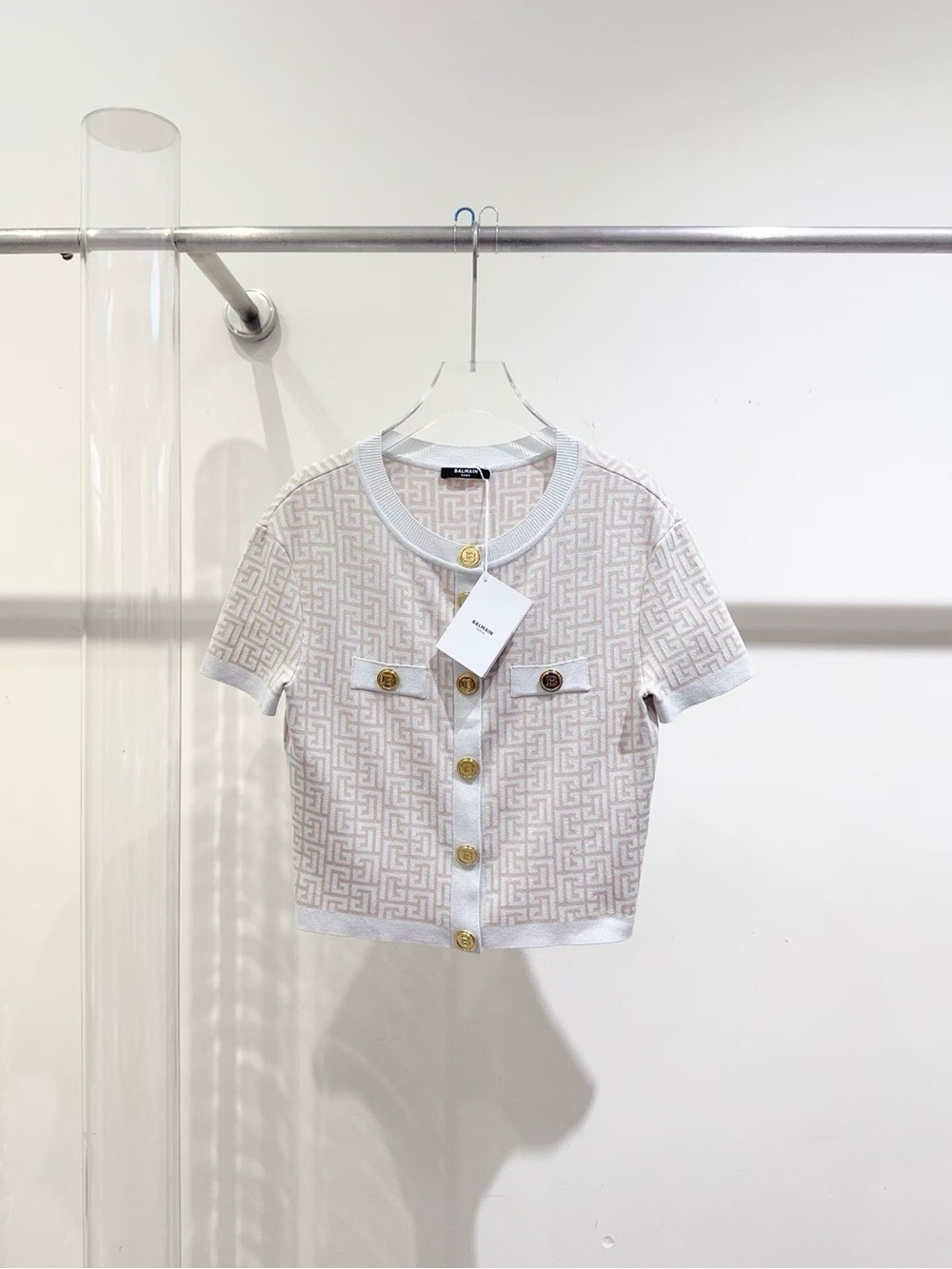 Balmain Cream Short-Sleeve Knit Cardigan with Gold Buttons